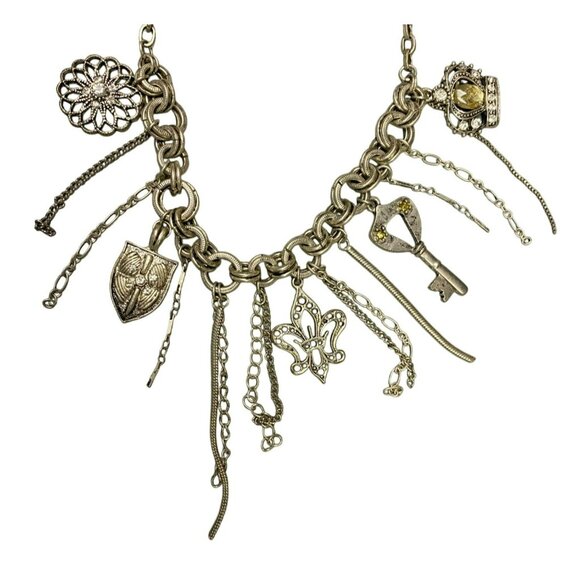Steampunk Waterfall Charm Necklace With Key, Shield, Crown and Fleur-De-Lis Char - Picture 3 of 9